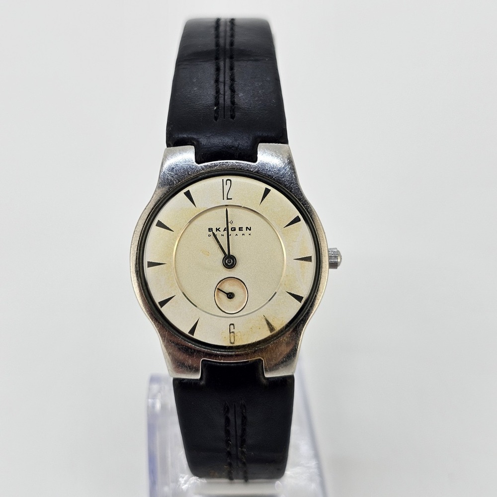 Skagen Women's Watch 28MM Cream Dial Brown Leather Bands NEW Battery READ